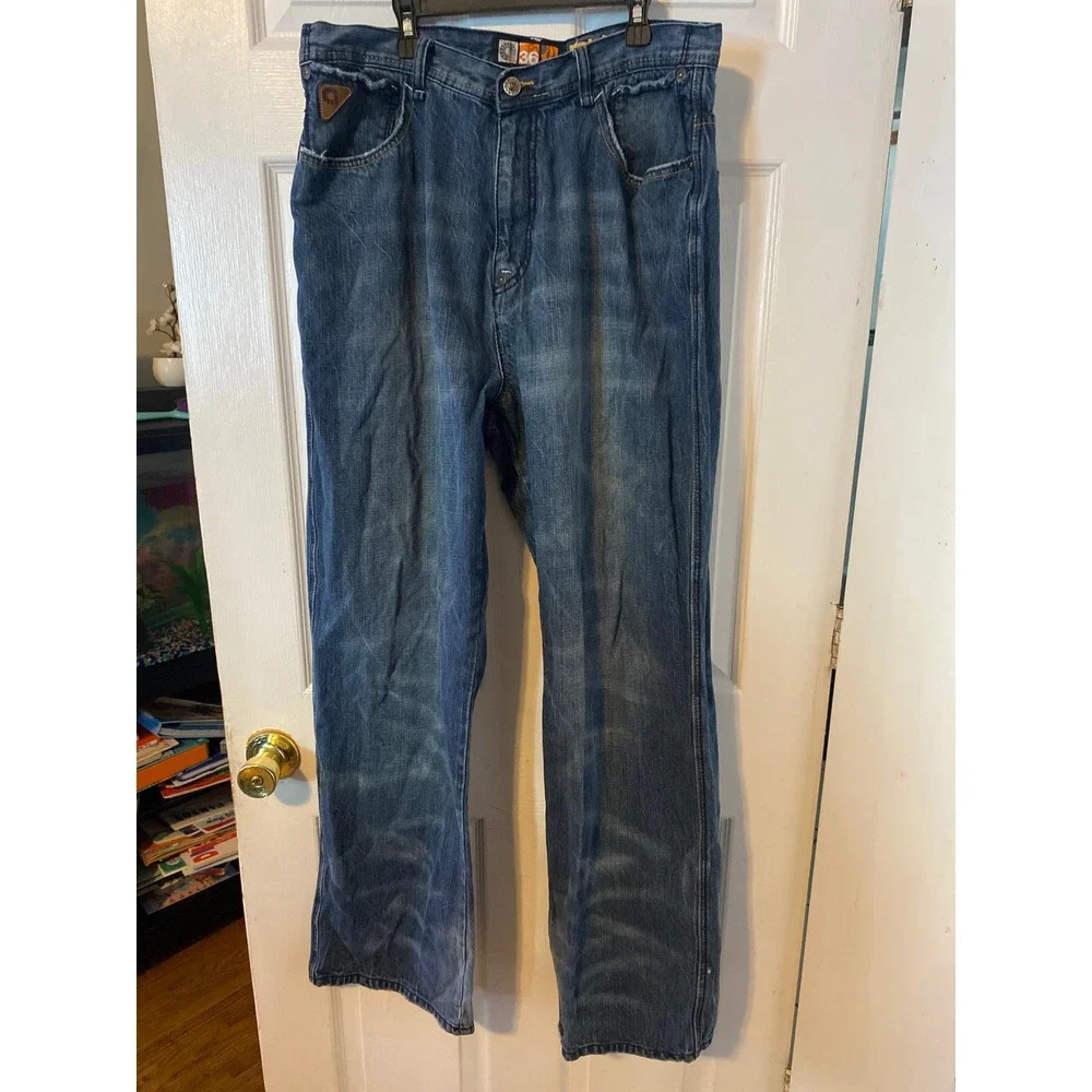 Akademiks Mens Size 36 Blue Denim Jeans Relaxed Straight Leg Embroidered